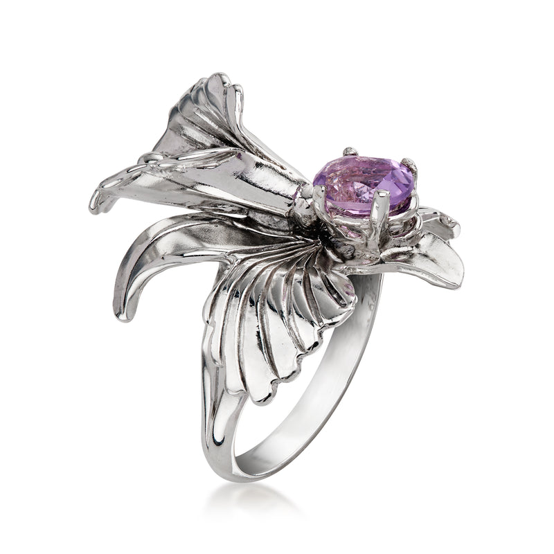 Sterling silver amethyst flower ring on side view with scalloped petal setting