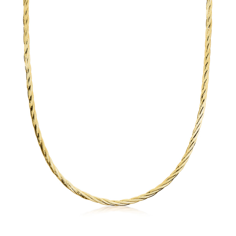14kt yellow gold braided herringbone necklace, close-up