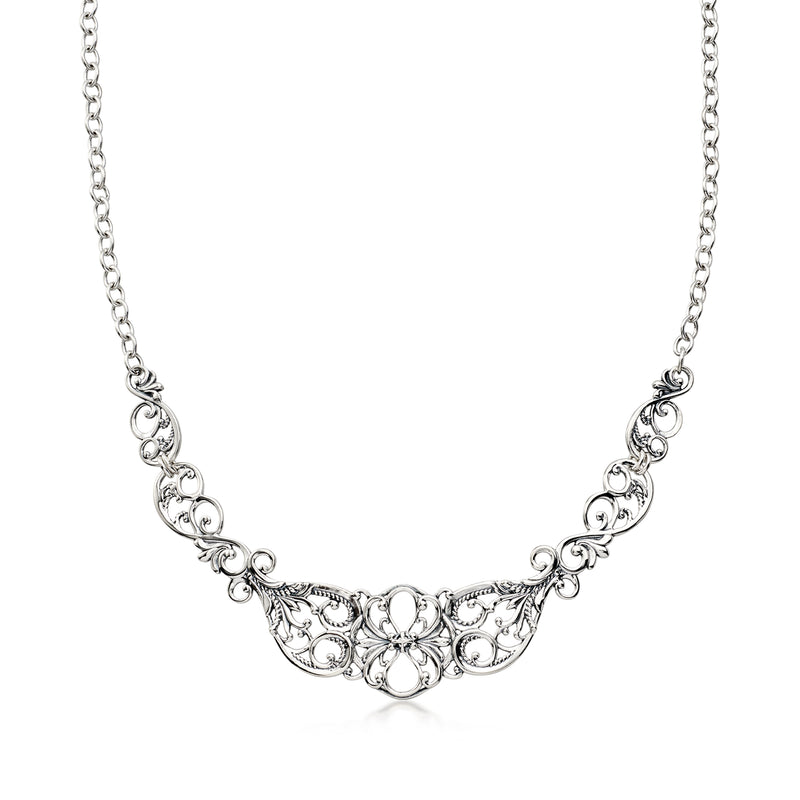 Sterling silver scrollwork necklace with scalloped filigree centerpiece and chain links