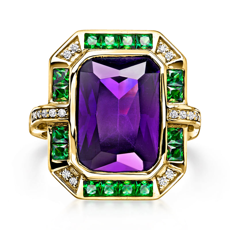 Yellow gold-plated ring: purple square-cut center stone with green side stones and CZ accents