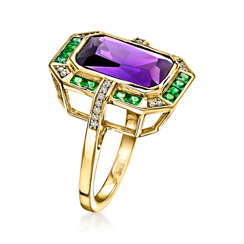 Yellow gold-plated ring with purple square-cut center, green accents, clear CZ side stones