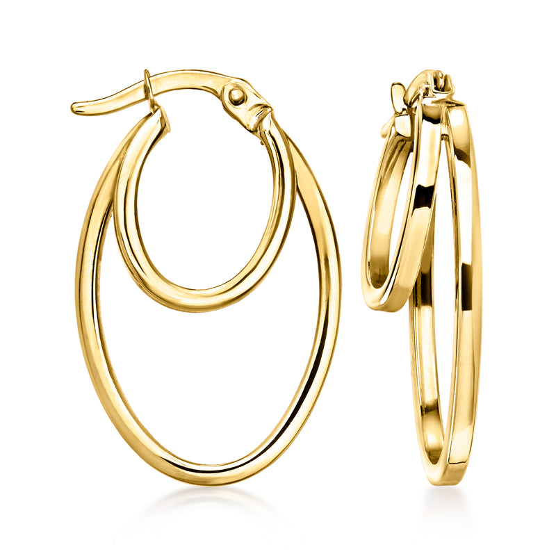 10kt yellow gold double-hoop earrings, overlapping oval hoops with hinge closure