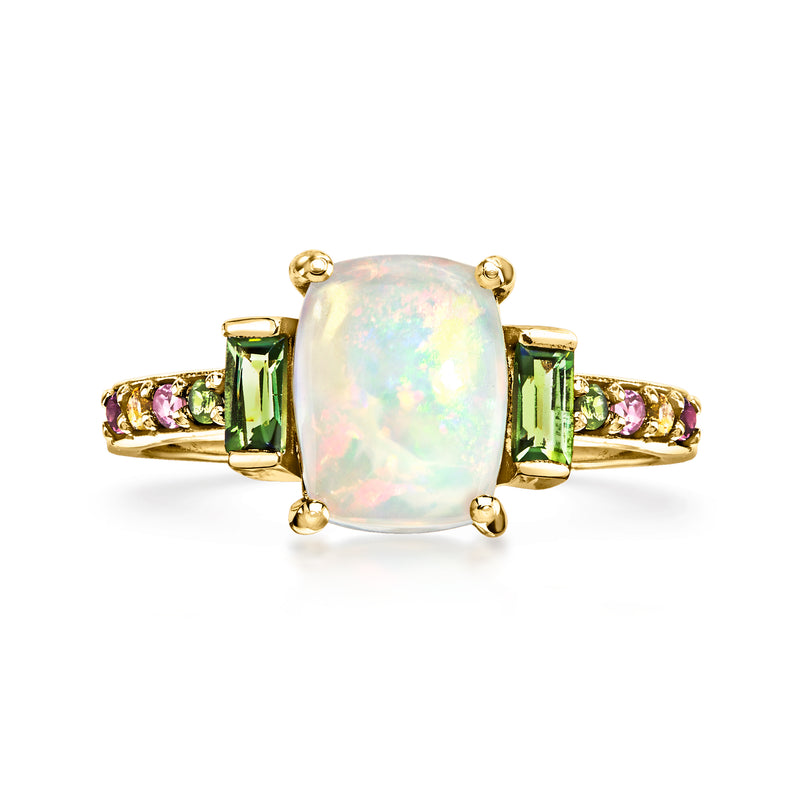 Opal and multicolored tourmaline ring in 10kt yellow gold, oval opal center