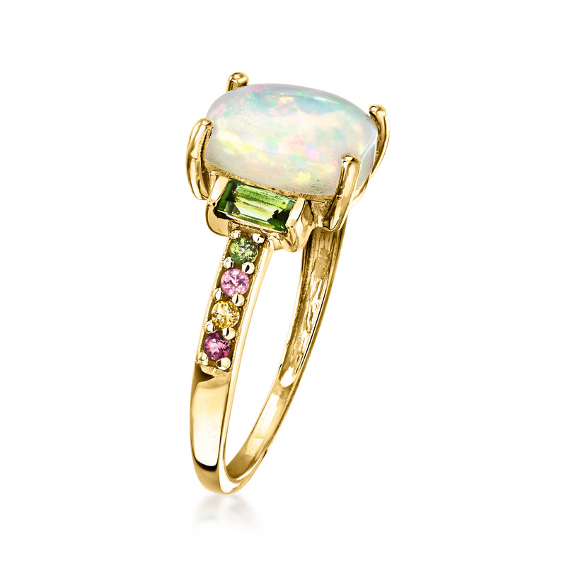 Opal and tourmaline ring in 10kt yellow gold, side view with green and pink stones