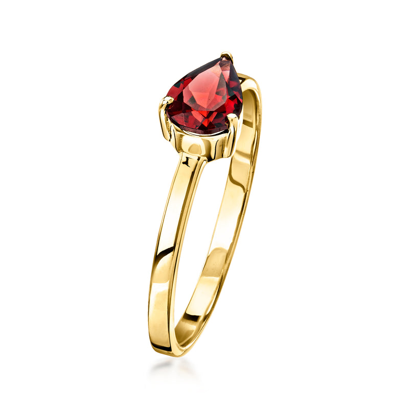 10kt yellow gold pear-shaped garnet ring with raised deep red stone