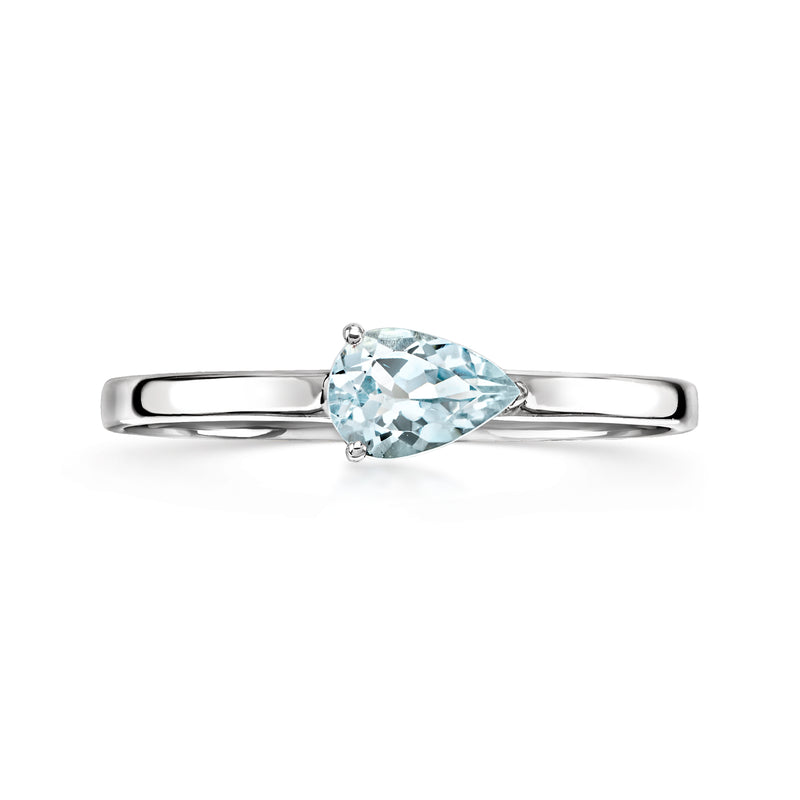 10kt white gold ring with pear-shaped aquamarine center stone and slim band