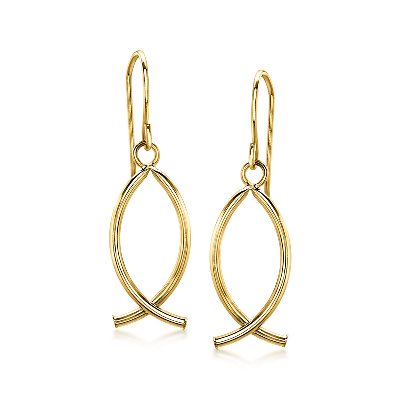 10k yellow gold fish drop earrings with oval hoop and tail detail