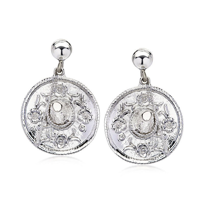 Sterling silver sombrero drop earrings with engraved circular design and loop drops