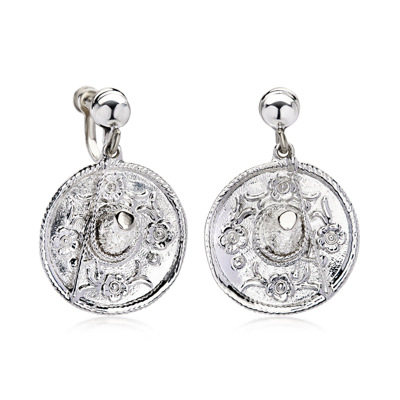 Sterling silver sombrero drop earrings, engraved coin-style medallion with single drop