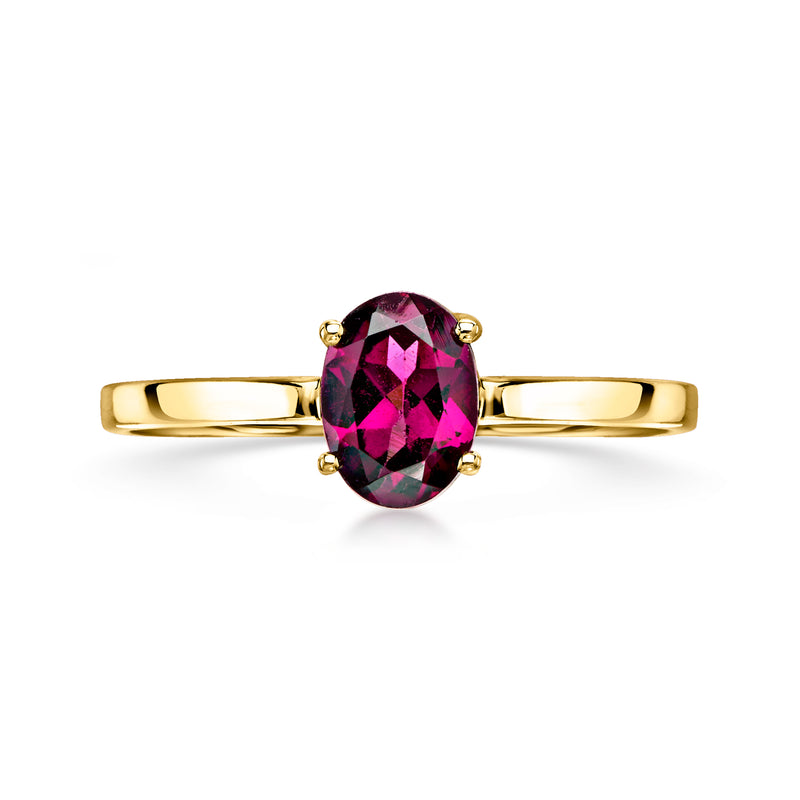 10kt yellow gold oval rhodolite garnet ring with four prongs