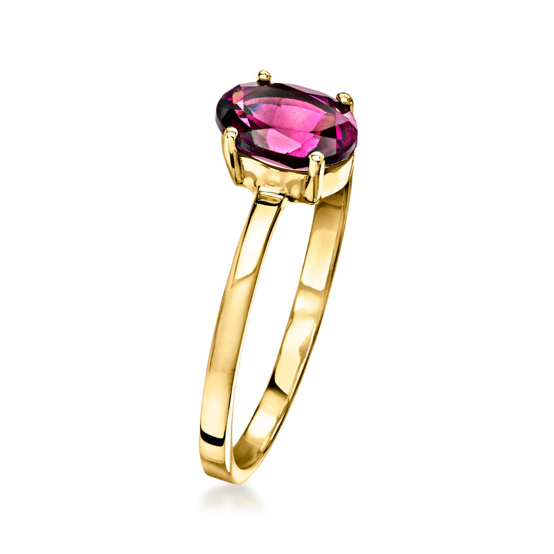10kt yellow gold ring with oval rhodolite garnet, angled side view