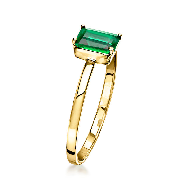 10kt yellow gold emerald-cut green gemstone ring, four prongs, side view
