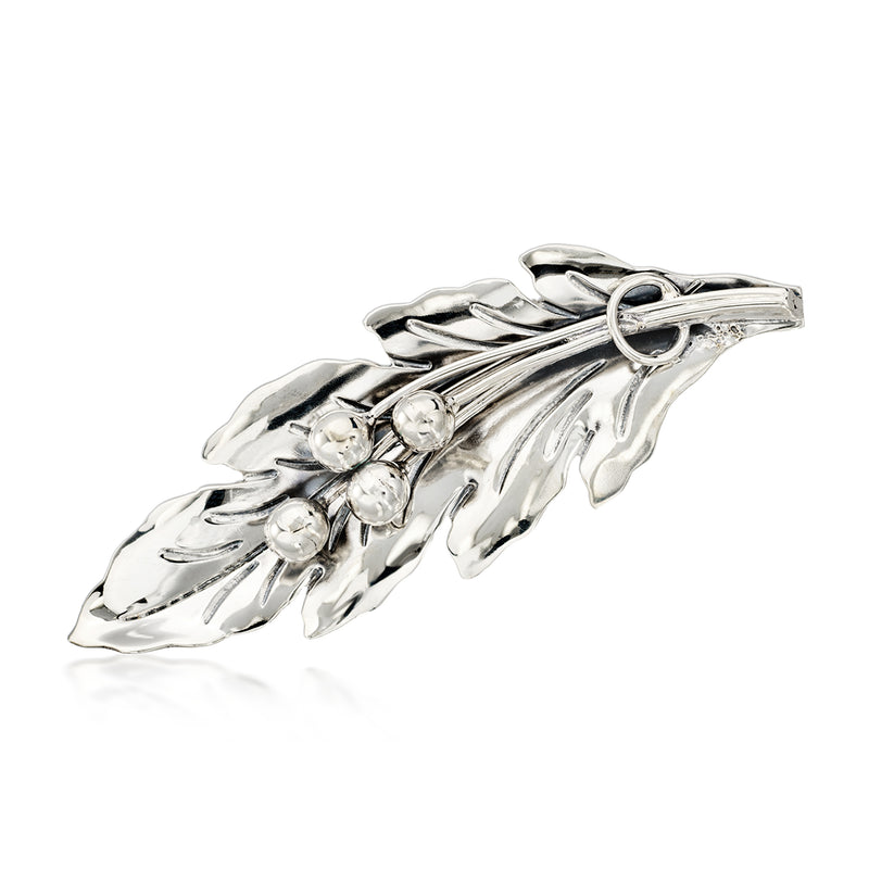 Vintage sterling silver leaf pin with floral details and clasp loop