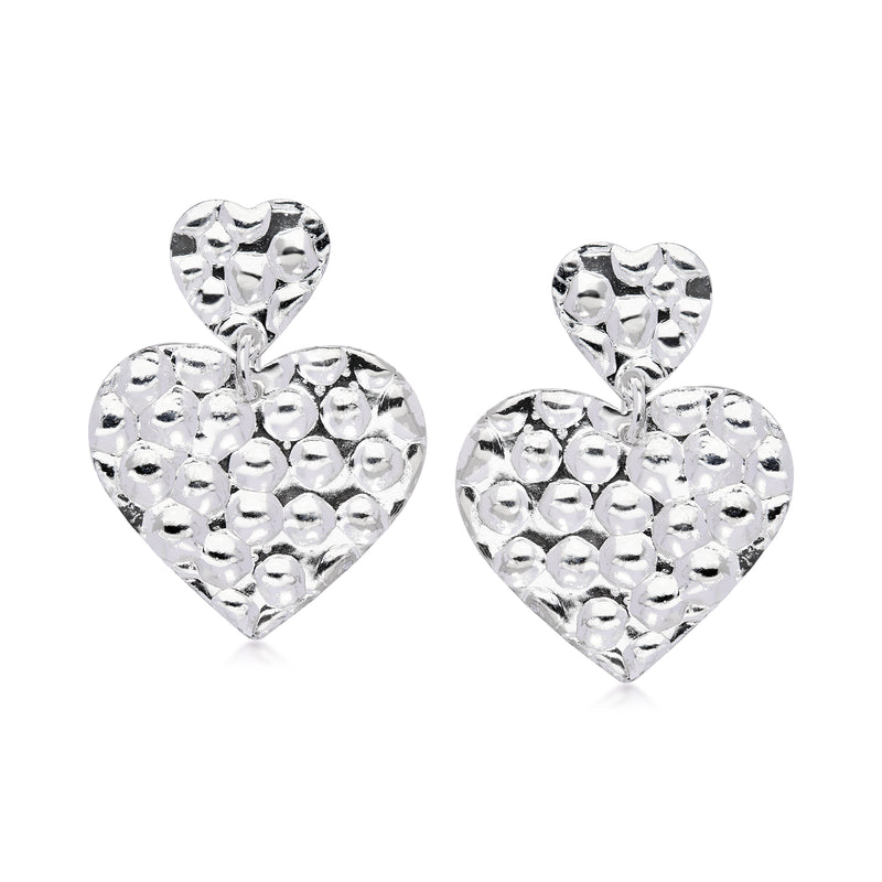 Sterling silver heart drop earrings with textured, faceted hearts and stud top