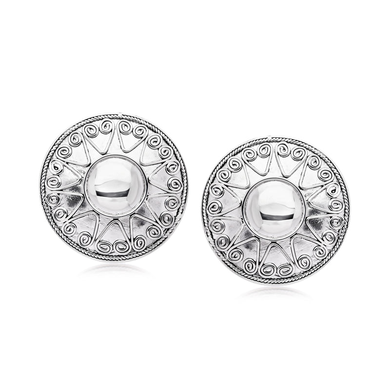 Sterling silver sun disc post earrings with engraved border, round faces
