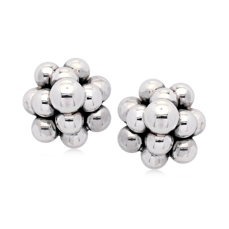 Sterling silver bubble post earrings with clustered round beads and reflective shine