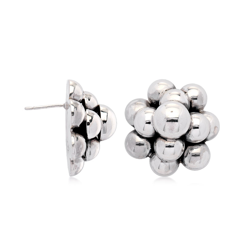 Sterling silver bubble post earrings with stud back visible; clustered round bead design
