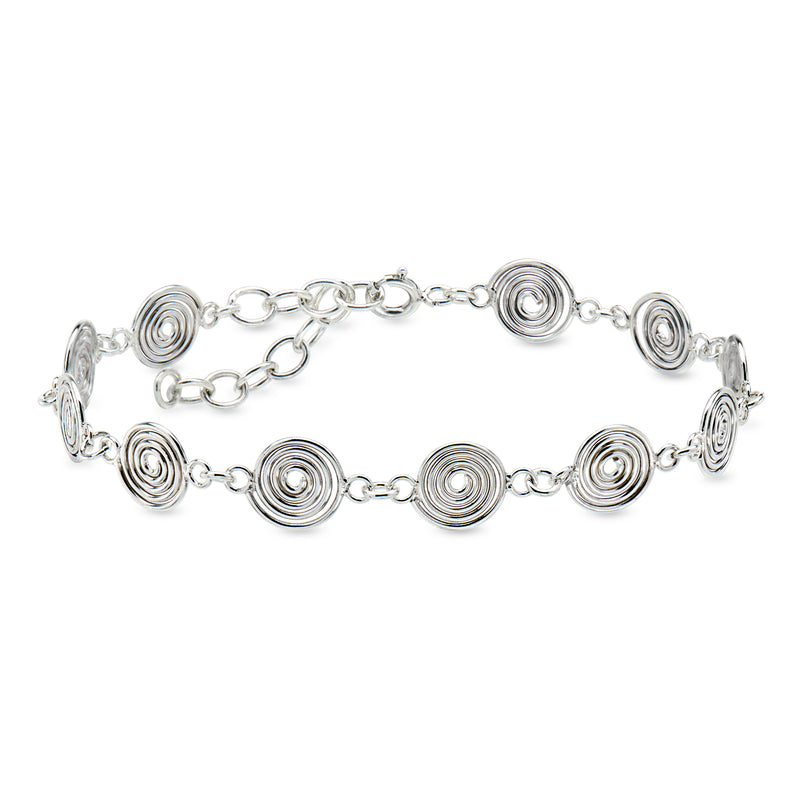 Sterling silver swirl-disc link bracelet with circular spiral discs and chain links