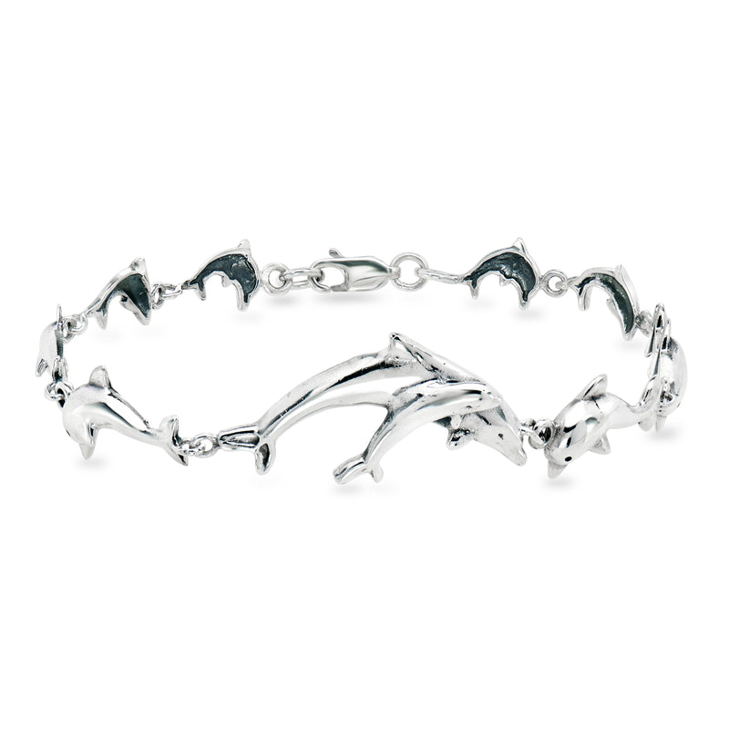 Sterling silver dolphin-link bracelet with articulated curved dolphin charms and clasp.