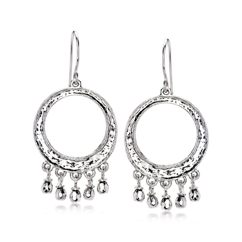 Sterling silver open circle drop earrings with beaded fringe dangles