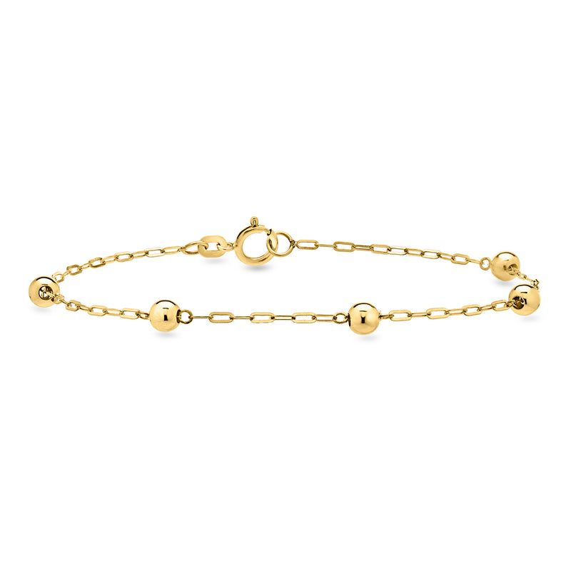 10kt yellow gold paper-clip link bead bracelet with round station clasp