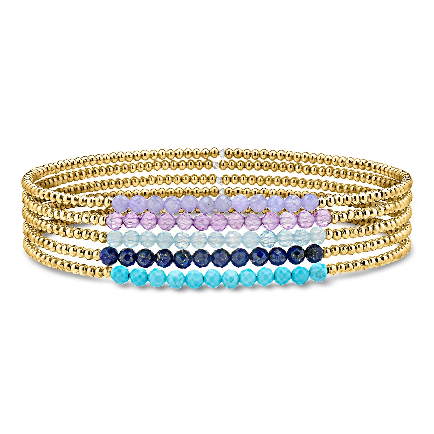 6.60 ct. t.w. Multi-Gemstone and 14kt Yellow Gold-Plated Jewelry Set: Five Bead Stretch Bracelets