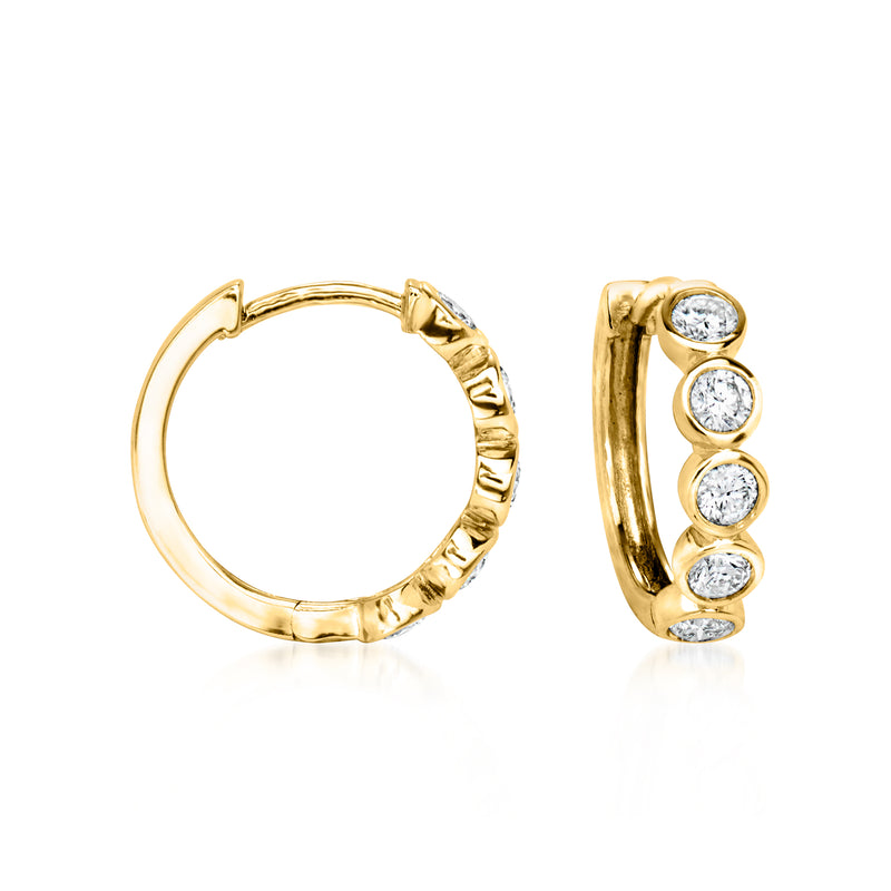 Gold hoop earrings with three bezel-set round lab-grown diamonds