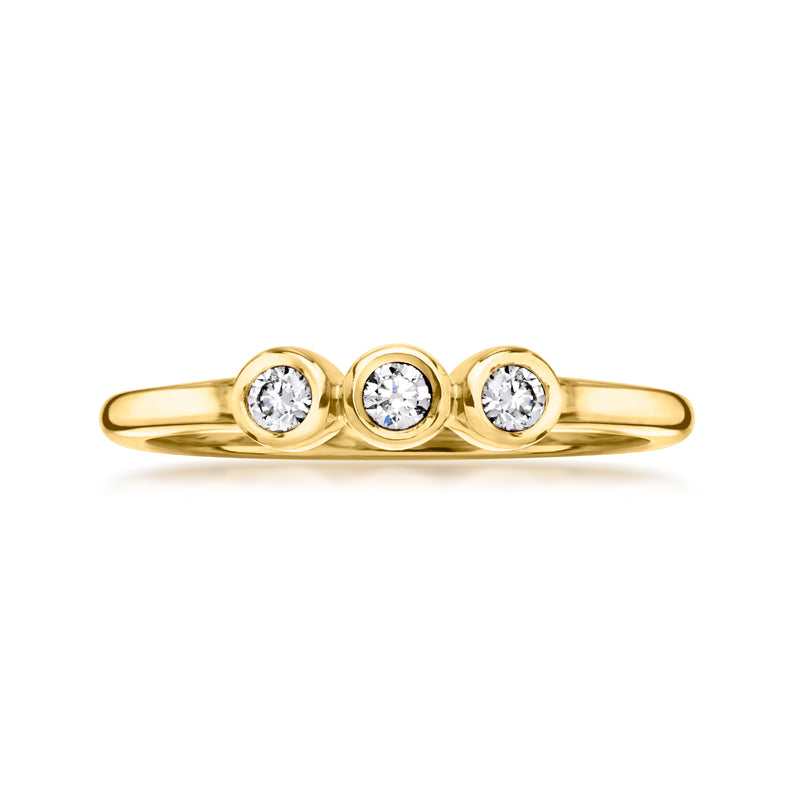 Three-stone bezel-set lab-grown diamond ring, yellow gold band with 3 round stones