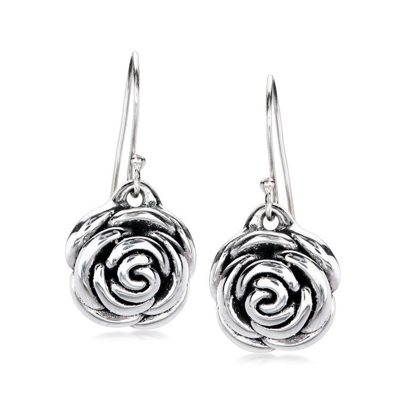 Sterling silver rose drop earrings with spiral rose charm on earwire