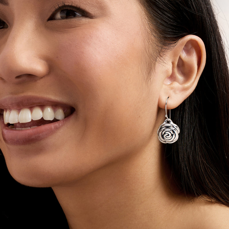 Sterling silver rose drop earrings on earwire, spiral rose dangle visible