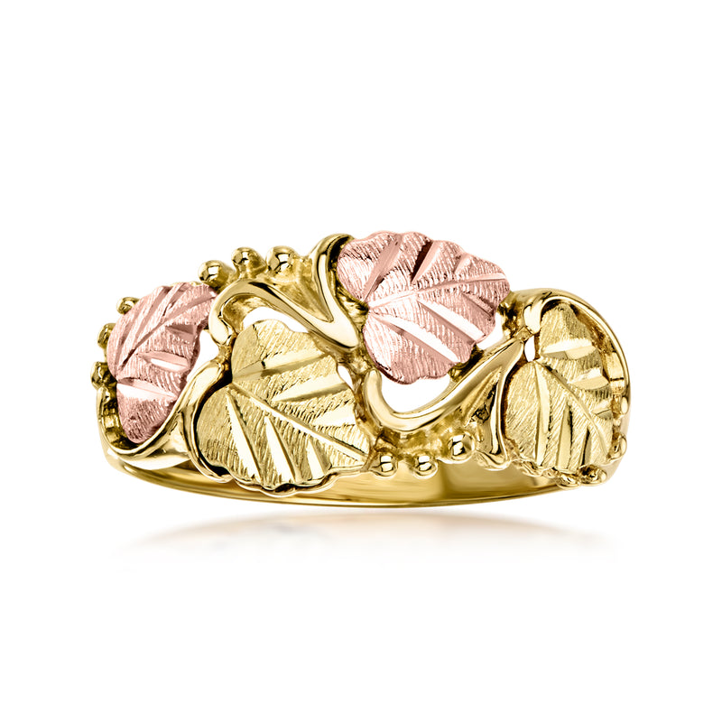 Two-tone 10kt vintage leaf ring with gold and pink rose leaf motifs