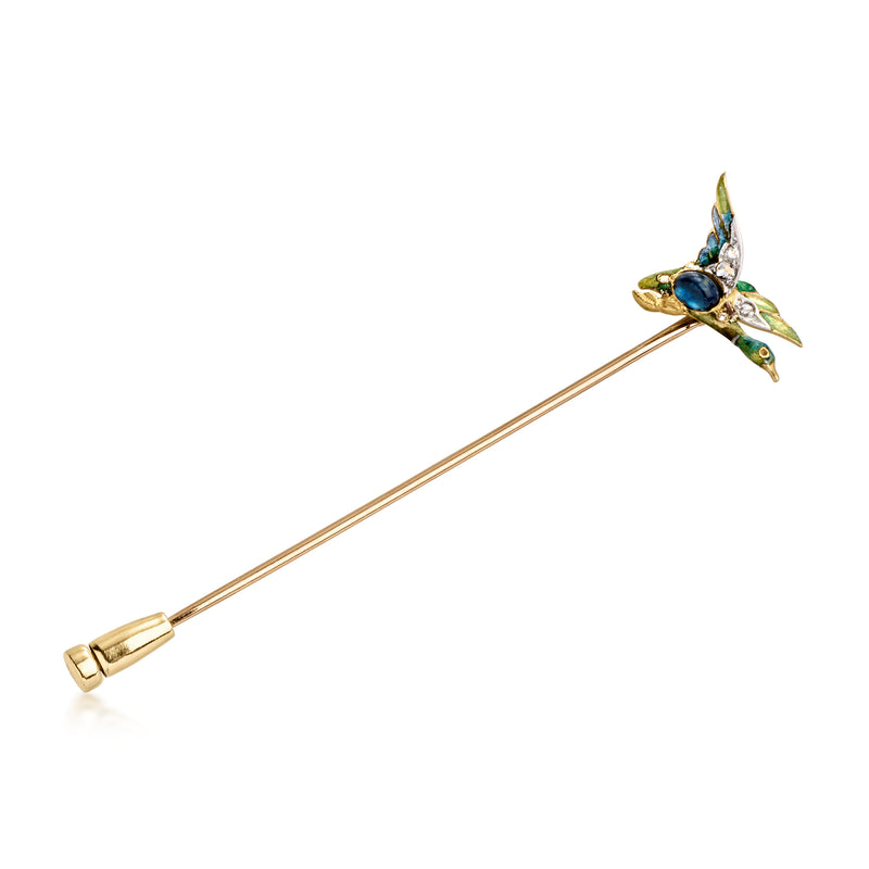 Vintage duck stick pin in yellow gold with blue enamel and sparkling stones