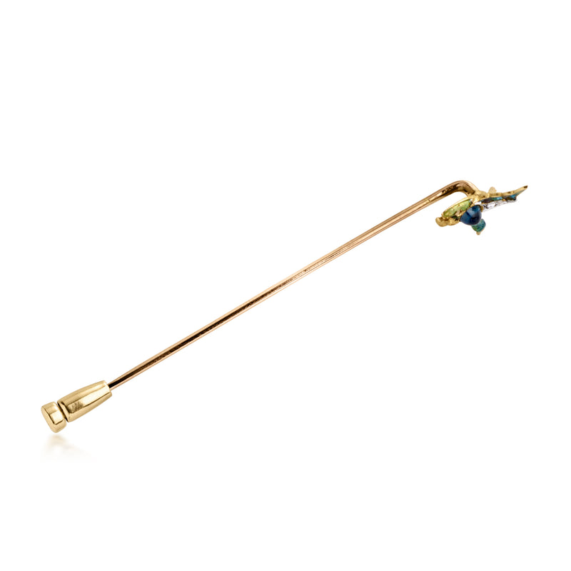Vintage duck stick pin, yellow gold stem with blue enamel and small diamond accents