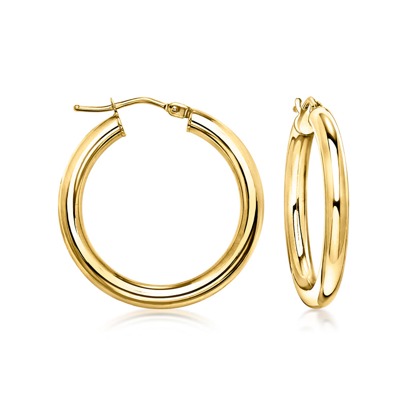 Small 10k yellow gold hoop earrings, hinged with clasp, round profile