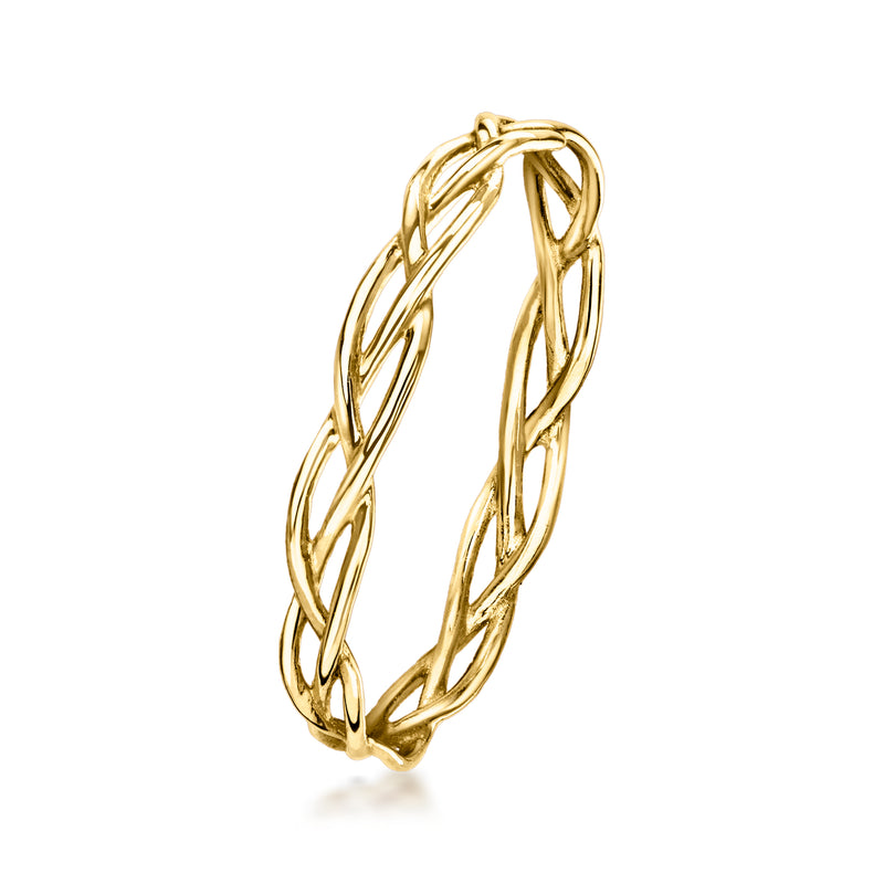 Yellow gold braided oval ring, polished interlocking links, openwork profile