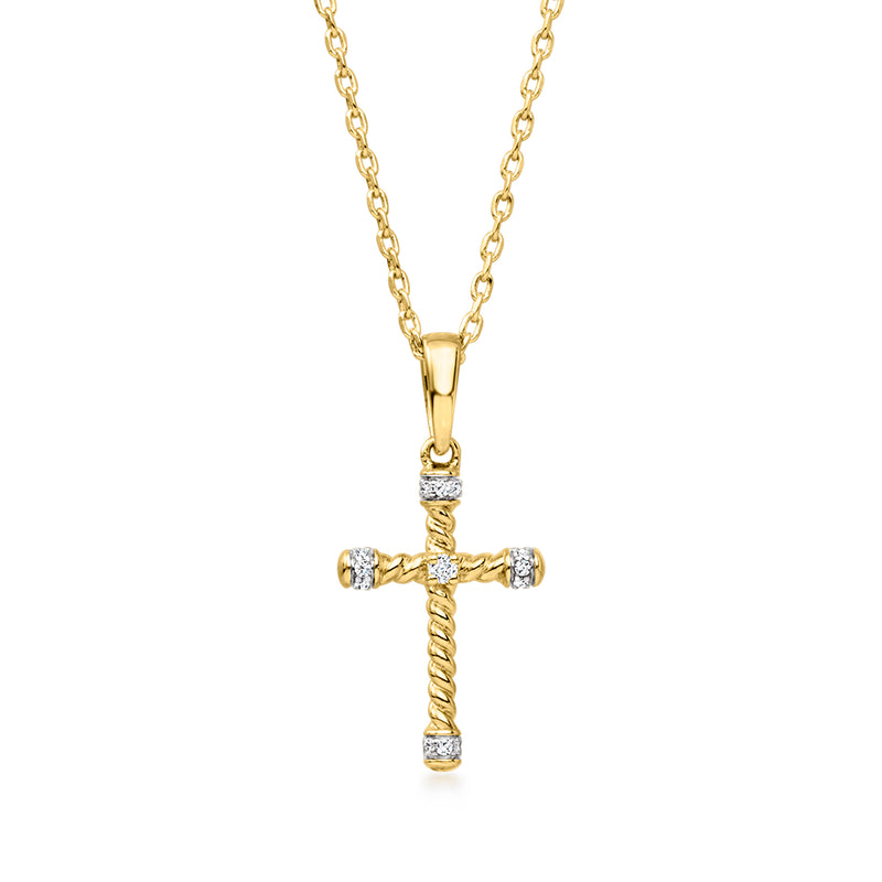 Gold-tone cross pendant necklace with diamond-like pave accents and chain bail