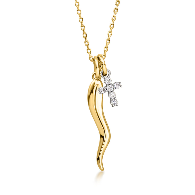 Gold pendant necklace with curved horn and diamond cross charm, 18kt gold over sterling