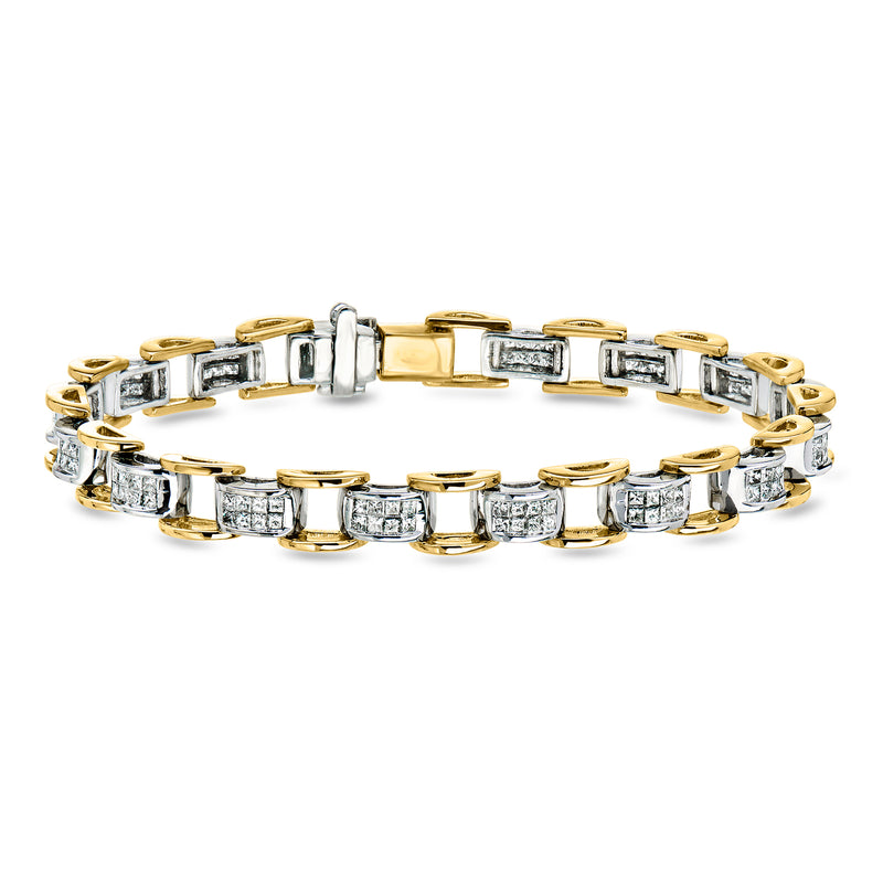Two-tone gold diamond section bracelet with rectangular prong-set stones, link style