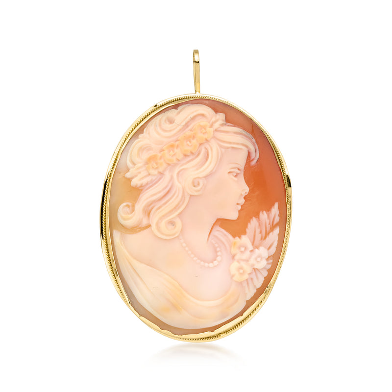 14kt yellow gold oval orange shell cameo pendant with woman profile relief