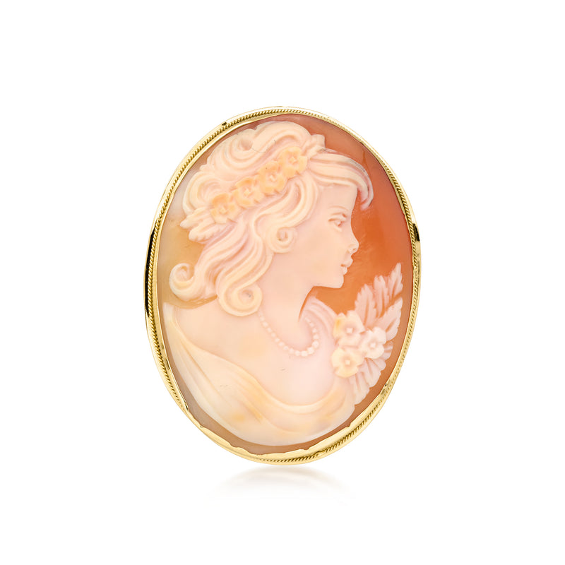 Oval orange shell cameo pendant in 14kt yellow gold bezel with woman portrait