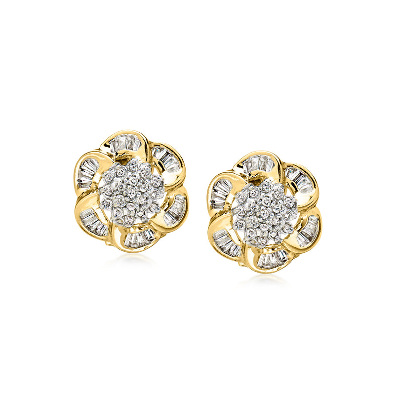 14kt yellow gold diamond flower stud earrings with round stone cluster