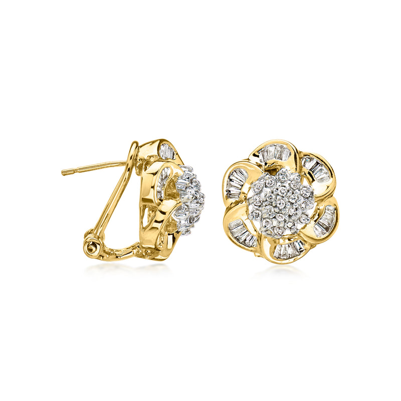 14kt yellow gold diamond flower stud earrings, post-back view with round stones