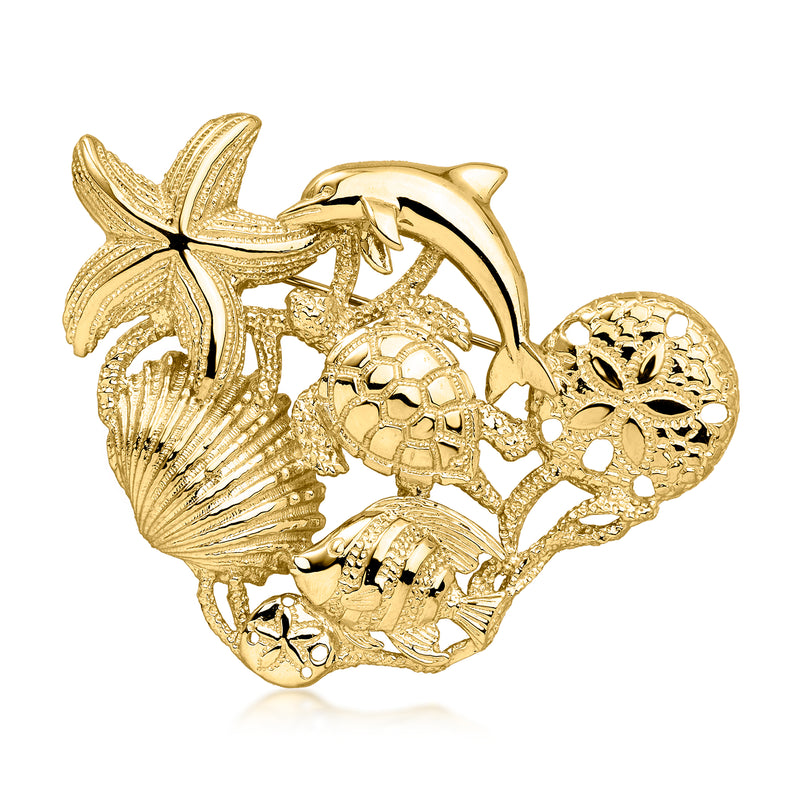 Yellow gold sea life brooch pin with dolphin, turtle, and shell charm details