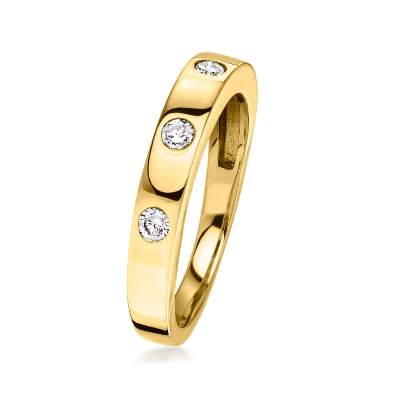 Yellow gold-tone band ring with three round diamond bezel settings on the front
