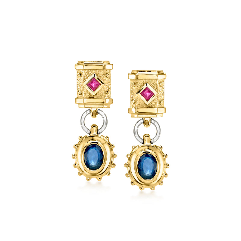 Two-tone gold drop earrings with blue oval stones and pink accents, halo settings
