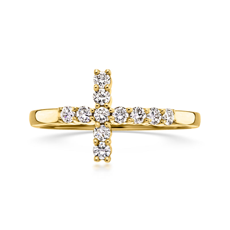 Gold over sterling diamond cross ring with sideways pave stones, slim polished band