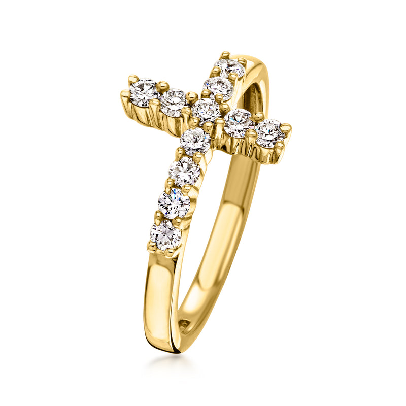 Gold over sterling diamond cross ring, angled view, round stones set in sideways cross