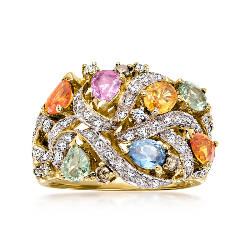 14kt yellow gold multi-color gemstone and diamond cluster ring with oval and pear stones