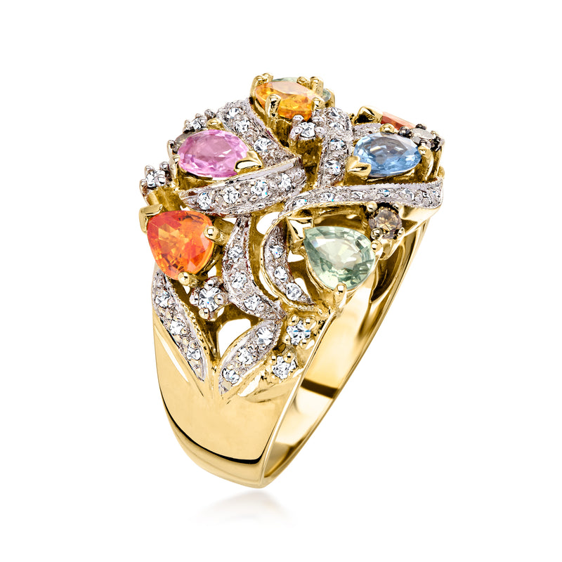 14kt yellow gold ring side view with multi-color gemstones and white diamond accents