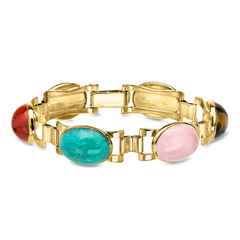 9kt yellow gold link bracelet with oval turquoise, pink, and red cabochon gems